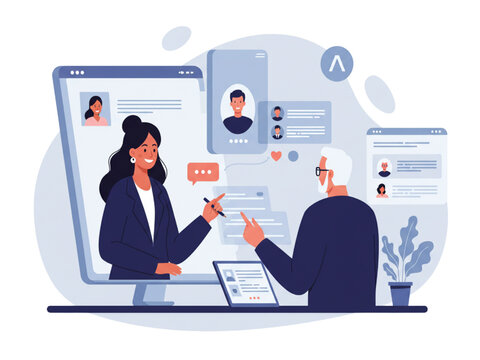 Virtual Job Interview with Artificial Intelligence Assistance Vector Illustration - AI generative tools for human resources concepts.