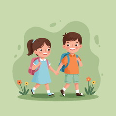 Children walking hand in hand with backpacks in green nature background cheerful school kids vector illustration 