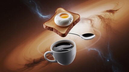 Surreal Cosmic Breakfast with Coffee, Egg, and Toast Floating in Space