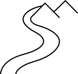 Vector art of simple line drawing of a winding river flowing past mountains