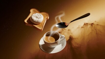 Surreal Cosmic Breakfast with Coffee, Egg, and Toast Floating in Space