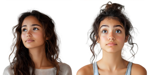 Simple portrait of a young Latina looking sideways with doubtful and skeptical expression isolated on a transparent background