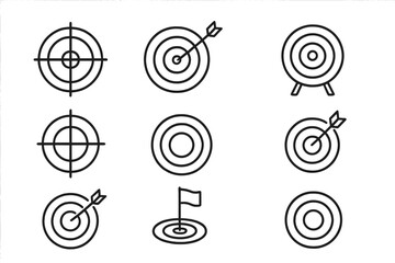 Target icons set, aim symbols, bullseye and goal target vector collection, outline style, cartoon illustration with transparent background, ordered set for business and marketing concepts