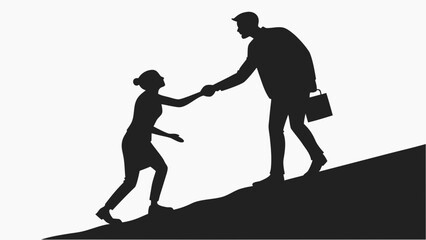 Silhouette of a man helping a woman climb a hill with a white background in a black and white image