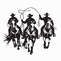 Three cowboys riding horses performing lasso tricks wild west vector illustration