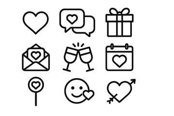 Valentine Icons Set, Love and Dating Outline Vector Symbols, Valentine&rsquo;s Day Hearts, Gift and Celebration Icons, Romantic Symbols, Cartoon Style Transparent Background