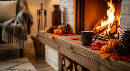 Autumn Fireplace Scene with Fall Decorations.
