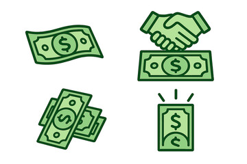 Vector dollar money illustration with finance success concepts, business deal handshake, green cash stack, and cartoon-style currency icons set, transparent background