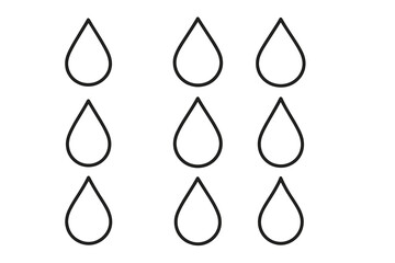 Water drop icon outline set, raindrop silhouette collection, vector icons, simple water droplets, liquid symbols, clean line art, transparent background, ordered set, minimalistic design