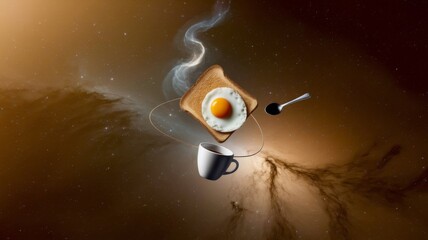 Surreal Cosmic Breakfast with Coffee, Egg, and Toast Floating in Space