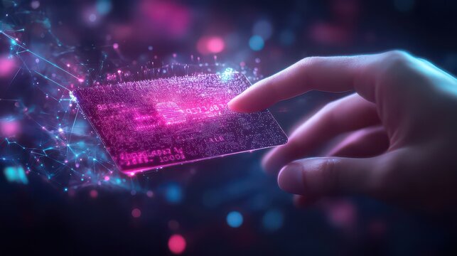 Hand hovering over a glowing pink futuristic credit card