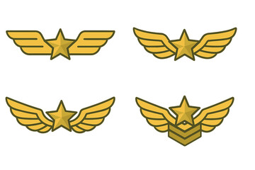 Military wing with star icon, army badge wings symbol, gold winged star emblem, air force insignia, aviation rank badge collection, vector cartoon illustration