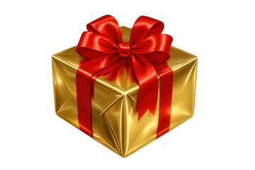 Obraz premium Shiny gold gift box wrapped with a red ribbon, perfect for celebrations and special occasions, with transparent background