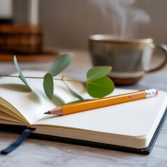 Open notebook with pencil and coffee