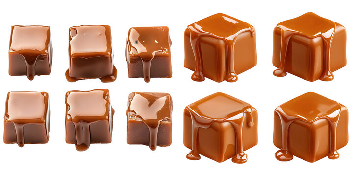 Six caramel cubes with dripping surface isolated on a transparent background