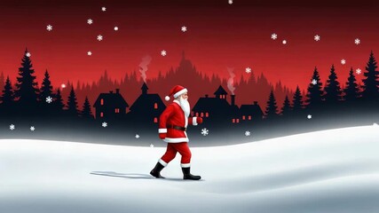 Santa claus walks through a snowy village at night with a red sky and falling snowflakes - Powered by Adobe