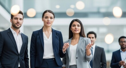 Confident diverse business team walking through a modern office corridor.