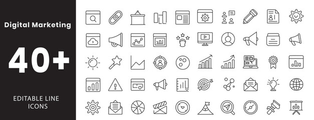 Digital Marketing icon set.Containing SEO, email marketing, PPC, content, blog, video, analytics, conversion, traffic, campaign, keyword, target, audience, social, engagement, and more. Editable line 