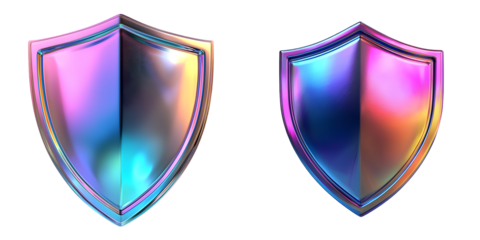 Sleek holographic 3D shield icon with a vibrant iridescent finish, symbolizing protection isolated on a transparent background