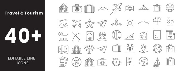 Travel and Tourism icon set.Containing airplane, luggage, passport, map, location pin, compass, beach, hotel, camera, ticket, tour, guide, cruise, globe, mountain, car rental, and more. Editable 