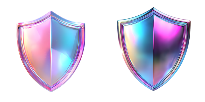 Sleek holographic 3D shield icon with a vibrant iridescent finish, symbolizing protection isolated on a transparent background