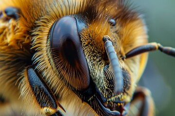 Incredible macro view captures the intricate details of a bee's compound eye and fuzzy body