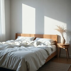 Fototapeta premium Nordic Bedroom with Linen Bedding and Earthy Materials 