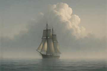 Fototapeta premium A silhouette of an old sailing ship sails on the misty sea at sunset