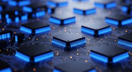Modern technology circuit board with glowing blue processors