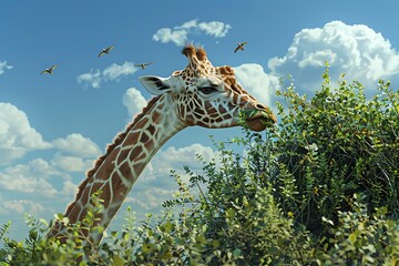 Gentle giraffe gracefully eats leaves surrounded by lush greenery and birds in a vibrant sky