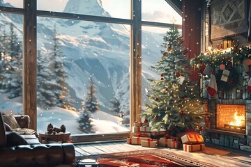 Cozy Christmas cabin with snowy mountain view, decorated tree, gifts, and roaring fireplace