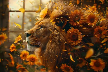Majestic lion crowned with sunflowers, exuding strength and natural beauty in a vibrant, sunlit scene
