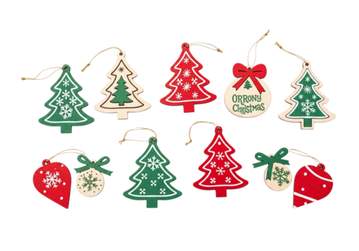 Collection of christmas tree and heart ornaments isolated on transparent background
