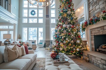 Warm luxurious living room decorated for Christmas with a towering tree and cozy fireplace