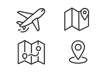 Travel and tourism icon set with flight, map, destination, and location pin icons in clean line style, vector cartoon illustration, transparent background, ordered set of 4