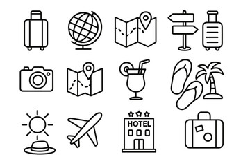 Travel and tourism line icon set for vacation, trip planning, holiday essentials, transportation, sightseeing, beach accessories, hotel stay, summer relaxation, vector cartoon illustration