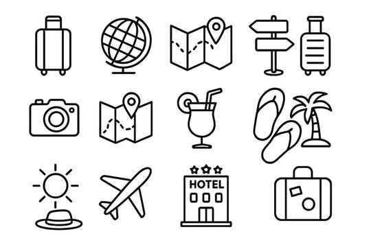 Travel and tourism line icon set for vacation, trip planning, holiday essentials, transportation, sightseeing, beach accessories, hotel stay, summer relaxation, vector cartoon illustration