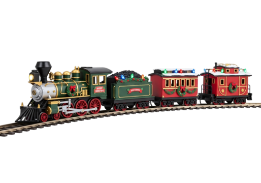 Christmas train with decorated carriages on track isolated on transparent background - Powered by Adobe