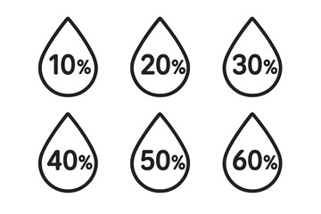 Water proportion icon set with raindrop percent outline symbols, vector icons collection, cartoon style illustration, transparent background, ordered design elements