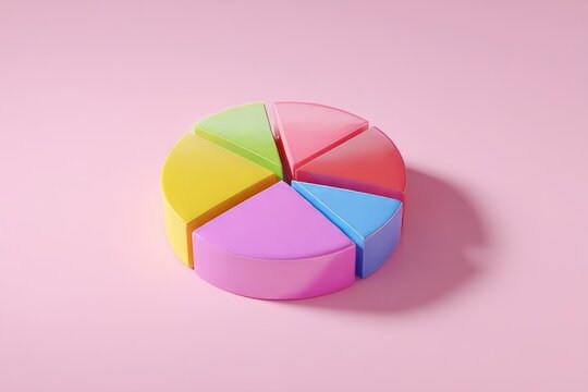 A vibrant pie chart made of colorful segments sits on a pink background showcasing data visualization in a playful way