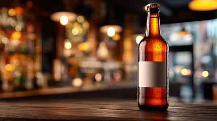 A cold amber beer bottle with condensation stands on a wooden bar counter, creating a refreshing and inviting atmosphere.