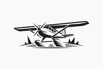 Stylized Seaplane Water Landing Silhouette with Abstract Waves on White Background