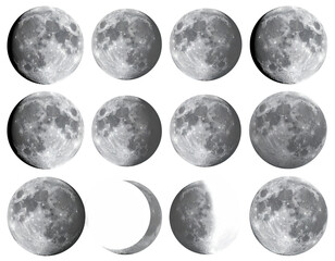 Fototapeta premium Phases Of The Moon Illustration On Transparent Background Showing Waxing And Waning Cycle Detailed Texture