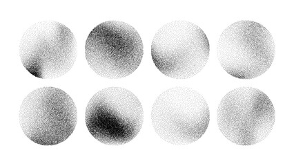 Eight circle shapes with halftone dot patterns. Abstract noise grain vector illustration. Graphic design element set.