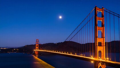Fototapeta premium Nighttime view of a suspension bridge illuminated, with a full moon in the background and city lights in the distance