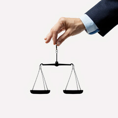 The scales of justice are in the hands of a just judge. Art collage.