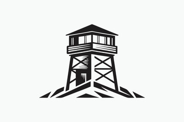Monochrome Fire Lookout Tower on White Background Icon Style Design