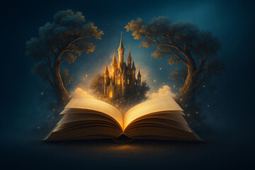AI generated fantasy art of an open book with a glowing golden castle emerging surrounded by trees and mystical light symbolizing imagination knowledge and dreams