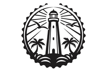 Naklejka premium Seaside Lighthouse with Palm Trees and Seagulls in Black Silhouette