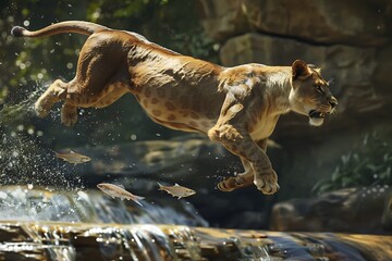 Powerful lioness leaps through water catching fish in dynamic jungle hunt scene